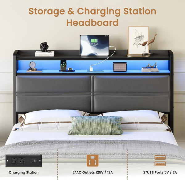 Full Bed Frame with LED Lights and Charging Station, Dark Grey5