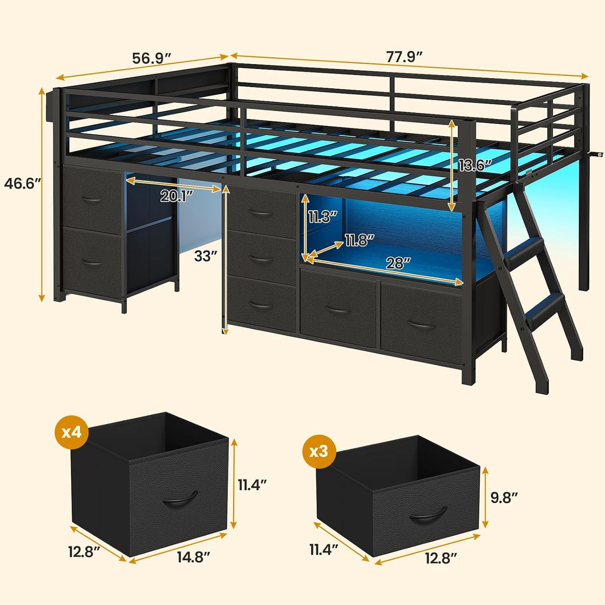 kids-low-loft-bed-full-with-7-drawers-bookcase-safety-guardrail