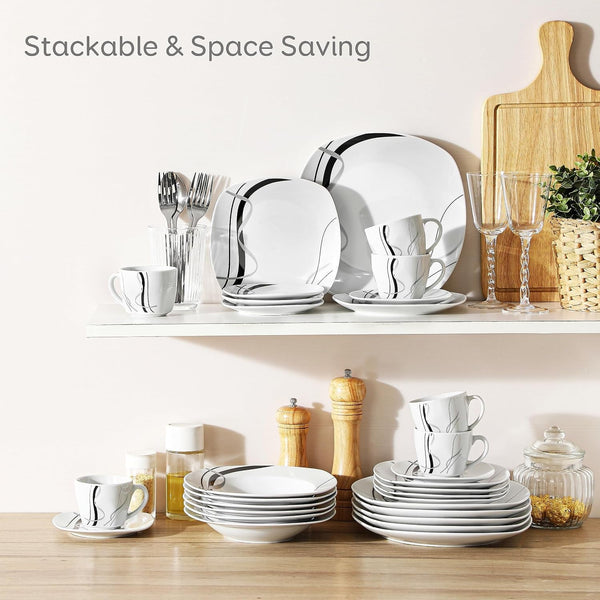 Ceramic Dinnerware Sets for 6, White and Black Dishes Set, FIONA7