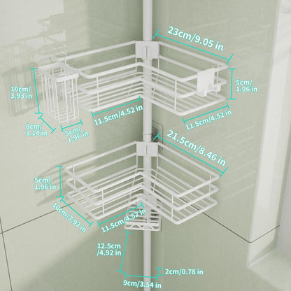 Corner Shower Caddy Organizer - Shower Organizer Corner with Soap Holder, Toothbrush Holder and 4 Hooks, Rustproof Bathroom Shelf Tension Pole Available for 27.6 to 108.3 Inch - White6