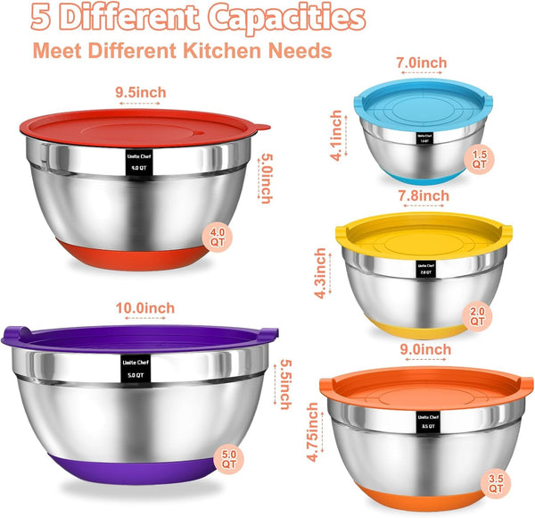 Mixing Bowls with Airtight Lids Set, 8PCS Stainless Steel Nesting Bowls Set, 3 Grater Attachments & Non-Slip Bottoms, Size 5, 4, 3.5, 2, 1.5QT for Baking & Mixing(Colorful)2