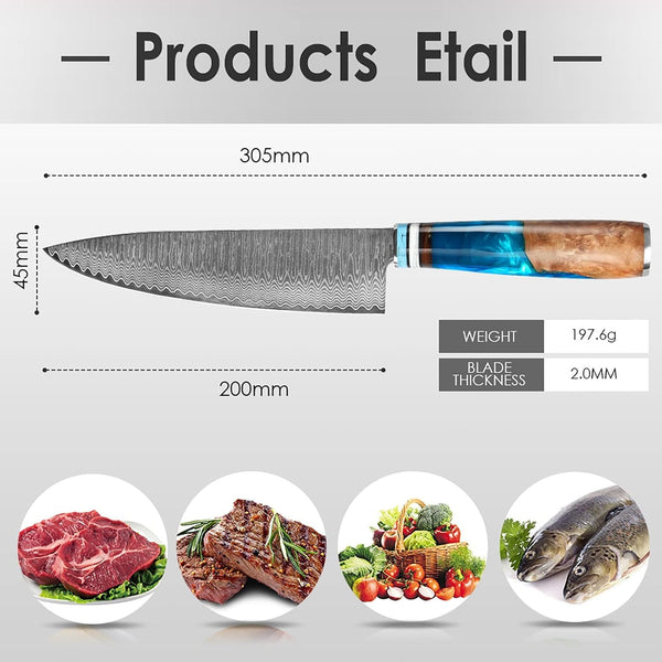 Chef Knife, Professional Japanese VG10 Damascus Steel Kitchen Chefs Knife 8 Inch, Razor Sharp Professional Meat Cutting Knife with Gift Box for Family, Restaurant5