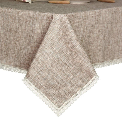 Linen Rustic Burlap Washable Tablecloth,Solid Heavy Weight Tan 55 X 70 Rectangle Overlay Lace Edge Table Cover for Kitchen Dinning Decoration2