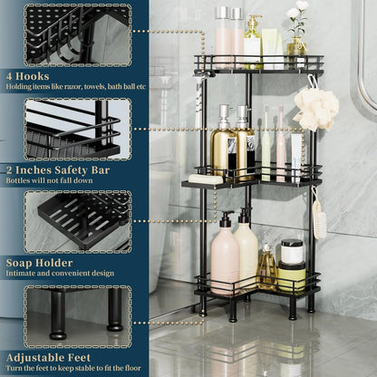 Corner Shower Caddy Standing - 3-Tier Stainless Steel Shower Organizer with Soap Holder and 4 Hooks, Large Capacity Corner Shelf Stand for Bathroom, Rest Room, Black3