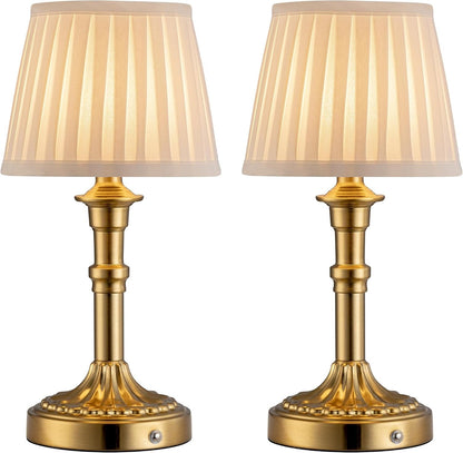 Gold Cordless Table Lamps Set of 2, Beige Fabric Shade Small Desk Lamp1
