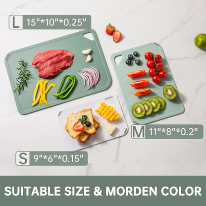 Plastic Cutting Board Set of 3-Cutting Boards for Kitchen BPA Free | Large-Small Chopping Boards, Non-Slip for Cooking, Dishwasher Safe, Camping, Portable, with Grip Handle, Sage Green4