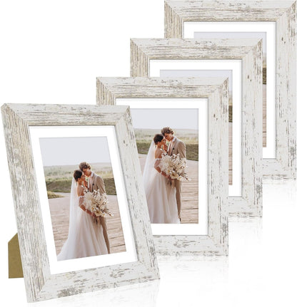 5X7 Picture Frame Set of 4, Made of Real Glass and Distressed White Wooden Frame, 5 by 7 Photo for Wall or Tabletop - Display Picture 4X6 with Mat or 5X7 without Mat1