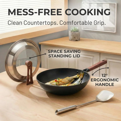 Ultralight 12.6" Carbon Steel Wok with Lid - Naturally Nonstick Carbon Steel Pan, Zero Chemical Wok Pan, Works on Gas & Induction, Nitrided Finish for Stir-Fry, Sautéing, and More8