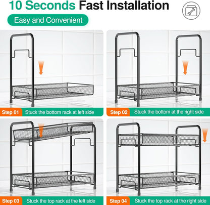 Spice Rack Organizer for Countertop, 2-Tier Foldable Metal Rust-Proof Standing Large Seasoning Storage Shelf with Guardrail and Mesh Design for Kitchen Cabinet Bathroom Living Room Pantry, Black8