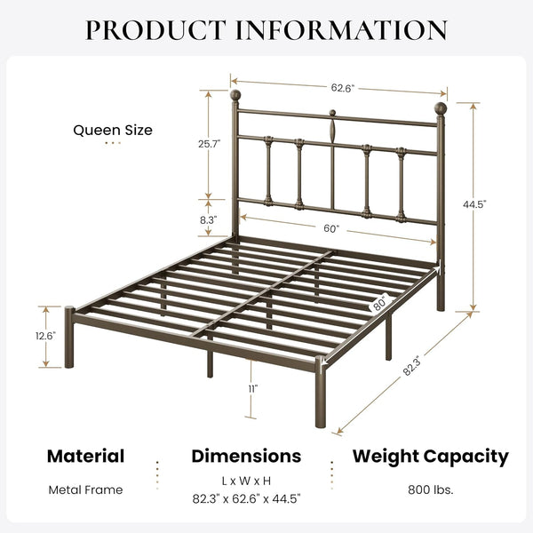 Queen Size Metal Platform Bed Frame with Victorian Vintage Headboard/Under Bed Storage/No Box Spring Needed/Easy Assembly/Noise Free/Mattress Foundation/Gold2