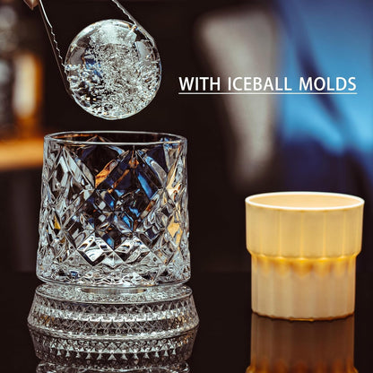 Spinning Whiskey Glasses Set of 4, 9.5 Oz with Rotating Bases, Whiskey Gift | Includes Ice Ball Molds; Ideal for Bourbon, Scotch, Old Fashioned; Gift for Whiskey Lovers4