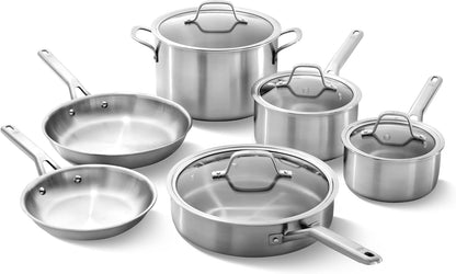 Calphalon Brushed 3-Ply Stainless Steel Cookware Set W/Turbo Heat Tech 10-Piece Set Includes Frying Pans, Pots and Pans Set, Induction, Oven Safe 450F, Brushed Stainless Silver1