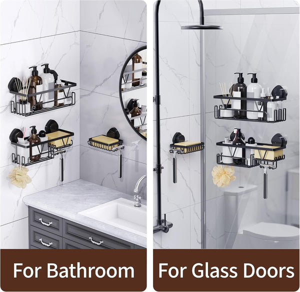 Shower Caddy Suction Cup, 3 Pack Removable Shower Shelves with Hooks & Soap Holder, No Drilling Bathroom Organizer, Waterproof Suction Storage for inside Shower, Black7