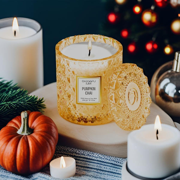 Pumpkin Chai Candles Halloween Candle Gift, Farmhouse Candles for Home, Luxury Scented Soy Jar Fall Candle with up to 55 Hour Long Lasting, Home Decor, Barn Fall Decor Pottery, 8.1Oz6