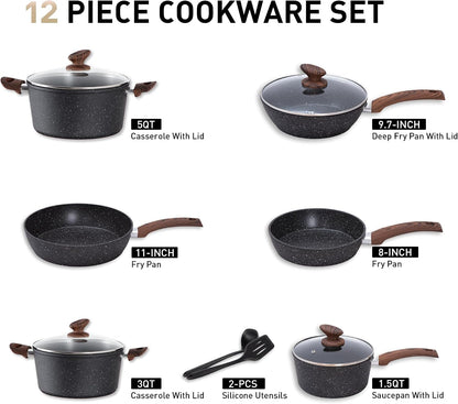 12 Piece Pots and Pans Set, Induction Kitchen Cookware Sets | Black Granite Nonstick Pans Set for Cooking, 100% PFOA & PFAS Free Non-Toxic, Easy to Clean2