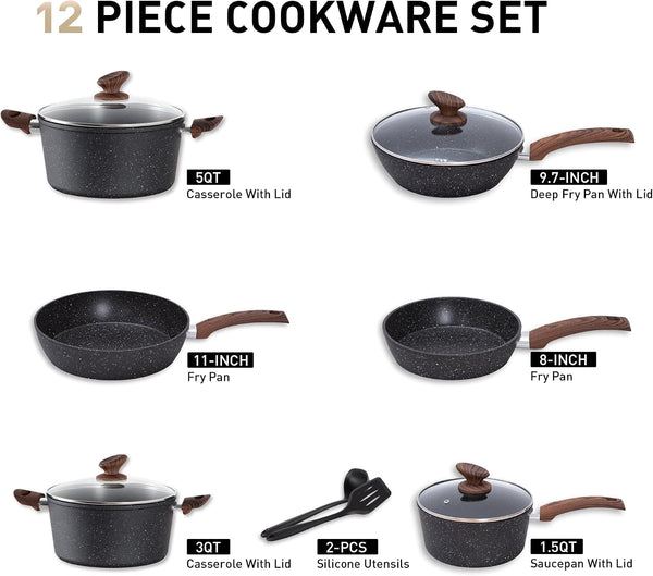 12 Piece Pots and Pans Set, Induction Kitchen Cookware Sets | Black Granite Nonstick Pans Set for Cooking, 100% PFOA & PFAS Free Non-Toxic, Easy to Clean2