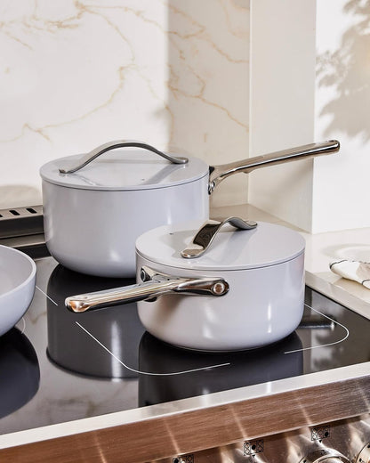 Caraway Non-Stick 3 Qt Ceramic Sauce Pan with Lid | Non-Toxic, PTFE and PFOA Free, Oven Safe and Compatible with All Stovetops (Gas, Electric and Induction), Cream8