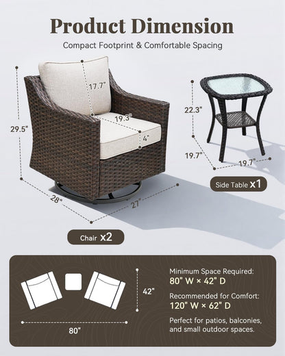 Patio Furniture Set 3 Pieces Luxury Outdoor Bistro with Swivel Rocker Chairs and Side Table, Easy Assembly Conversation Set for Porch Deck Balcony Yard in Brown Wicker and Beige Cushions2