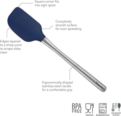 Silicone Cooking Utensil Set of 6 Stainless Steel Handle Ladle Slotted Turner Tongs Flex Core Spatula Scraper Mixing Spoon & Potato Masher, Dishwasher Safe BPA Free Utensils, Deep Indigo2