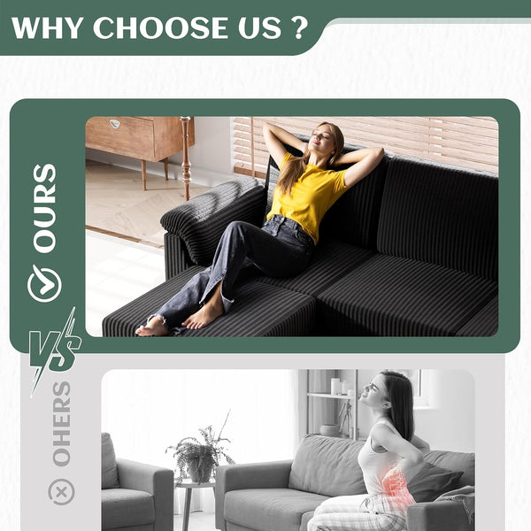 79" Convertible Sectional Couch for Living Room, Modular L Shaped Sofa with Movable Ottoman, Comfy Corduroy Fabric Couch with Removable Covers, Modern Apartment Furniture, Black6