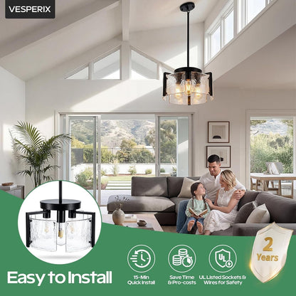 Black Chandeliers for Dining Room, 14 Inch 3-Light 2-In-1 Convertible Pendant and Flush Mount with Drum Textured Glass, Modern Farmhouse Light Fixture for Kitchen Island, Entryway, Foyer, Living Room7