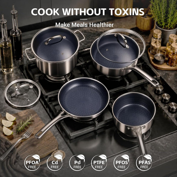 Hybrid Stainless Steel Cookware Set, 17-Piece Tri-Ply Pots and Pans Set Non Stick, Induction Kitchen Cookware Sets, Dishwasher & Oven Safe, PFOA Free, All Cooktops Compatible, Navy Blue6