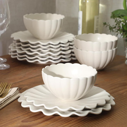 Bistro Fleur Plates and Bowls Sets, 12-Piece Stoneware Dinnerware Set for 4, Ivory White Scalloped Dish Set with Dinner Plates, Salad Plates & Bowls5