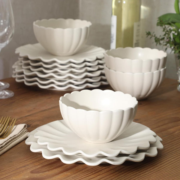 Bistro Fleur Plates and Bowls Sets, 12-Piece Stoneware Dinnerware Set for 4, Ivory White Scalloped Dish Set with Dinner Plates, Salad Plates & Bowls5