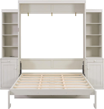 Queen Size Murphy Bed with Desk and Lights, Power Outlet, Foldable Murphy Cabinet Bed with Open Storage Shelves & Drawers, Wood Space-Saving Hidden Wall Bed for Guest Room Office, Antique White4
