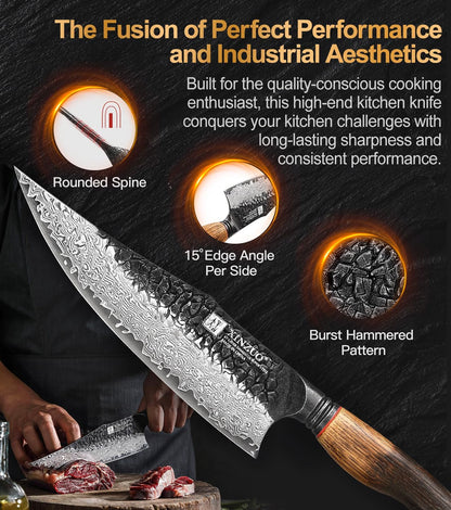 8.6 Inch Professional Damascus Chefs Knife,67 Layers Damascus Steel Kitchen Knife,10Cr15Comov Steel Core,Very Sharp for Vegetables Meat Cutting for Home Kitchen,Burnt White Oak Wood Handle5