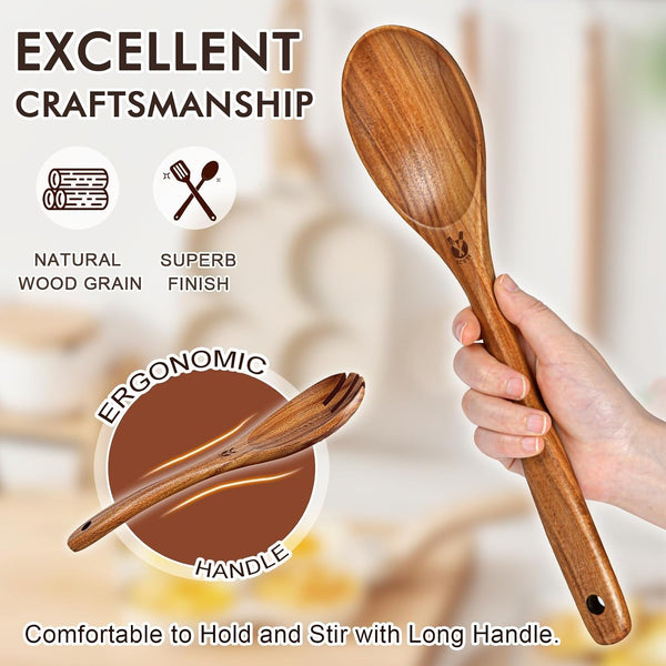 Wooden Spoons for Cooking, 6 Pcs Natural Teak Wooden Kitchen Utensils Set, Cooking Utensils Set with Long & Comfort Grip, Wooden Spoons Spatula Set Perfect for Non-Stick Cookware5