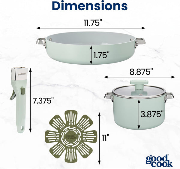 Ceramic Cookware Set 5-Piece with Removable Handle, Induction Compatible, Nonstick and Oven Safe with 9.5-Inch Frypan, Sage Green5