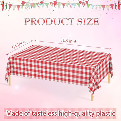 2 Pack Red Gingham Tablecloth Rectangular Red and White Checkered Tablecloths Disposable Plastic Red Plaid Table Cover for Parties, Christmas, Outdoor Picnic, Birthday, Wedding, Camping 54 × 1082