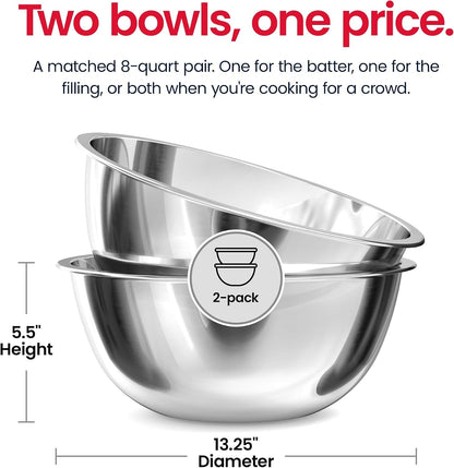 Large Mixing Bowl, 8 Quart Stainless Steel Bowl, 2 Pack2