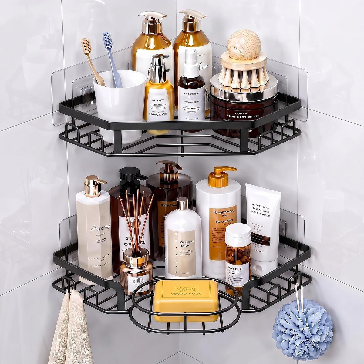 corner-shower-caddy-rustproof-shower-organizer-with-soap-holder-and-8-hooks-no-drilling-adhesive-shower-shelves-for-inside-shower-large-capacity-shower-rack-for-bathroom-shower-storage-black