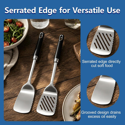 4PCS Stainless Steel Cooking Spatula Spoon Set, Metal Cooking Utensils Set with Anti-Scald Handle, Heat Resistant Kitchen Utensils Set with Turners, Serving Spoon, Ladle, Skimmer, Pasta Server3