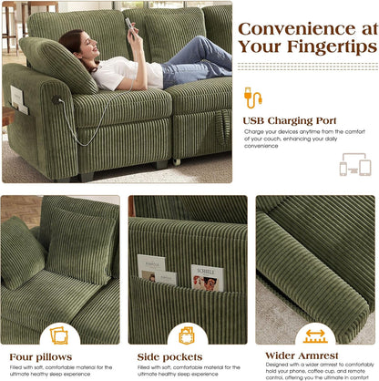83-Inch 5-Seater Large Sectional Sofa Bed with Storage, Corduroy Reversible Modular Sleeper Sofa with USB Port & 4 Pillows, Convertible L-Shaped Couch for Living Room（Green）6