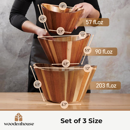 Wooden Salad Bowl Set of 3, Wavy 12" 10" 8" Wood Serving & Mixing Bowls4