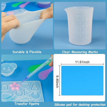 Silicone Measuring Cups Tool Kit for Resin, Non-Stick 250 & 100Ml Epoxy Mixing Cups, Reusable Resin Supplies with Silicone Mat, Stir Sticks, Pipettes, Cups for Molds, Jewelry Making6