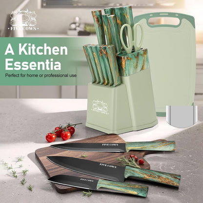 16-Piece Kitchen Knife Block Set with Cutting Board - German Stainless Steel Knives, Built-In Sharpener, Dishwasher Safe, Anti-Slip Handle - All-In-One Cutlery Set for Home/Kitchen (Cyan)9