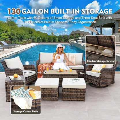 7 Pieces Patio Furniture Set with Swivel Chair, Outdoor Patio Conversation Set, Patio Sectional Furniture Set with 2 Swivel Rocker Patio Chair and Sofa, 2 Ottomans and Coffee Table (Brown)8