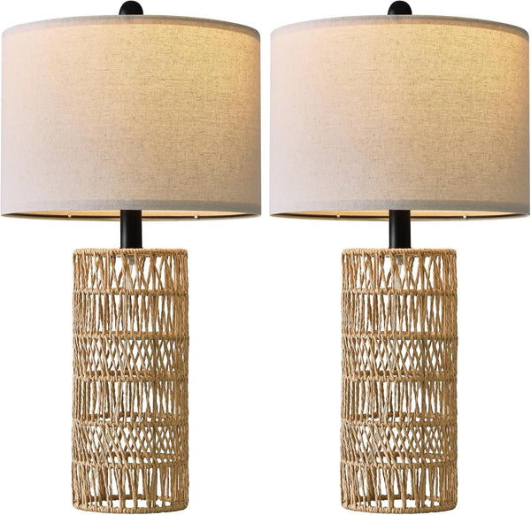 22.5" Boho Table Lamps Set of 2 for Living Room, Bedside Lamp for Nightstands, Rattan Lamp for Bedroom, Farmhouse Table Lamp for Room Decor, End Table, Retro, Brown（Not Include Bulbs）7