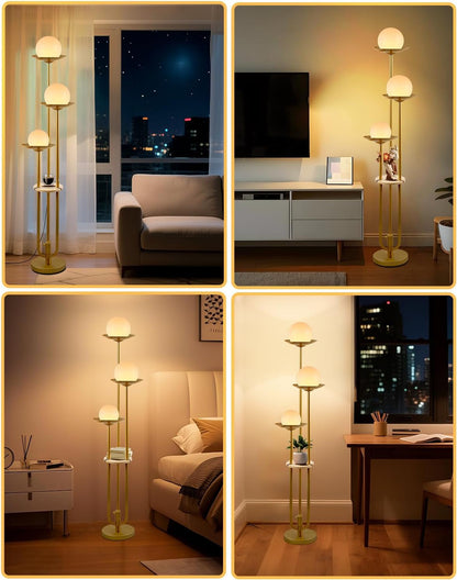 63IN Globe Floor Lamp with Shelf 3-Lights Modern Dimmable Floor Lamps with 3000K Soft Warm White Bulbs for Wedding/Party, Gold Tall Standing Lamp with 5Lbs Heavy Base for Living Room/Bedroom8