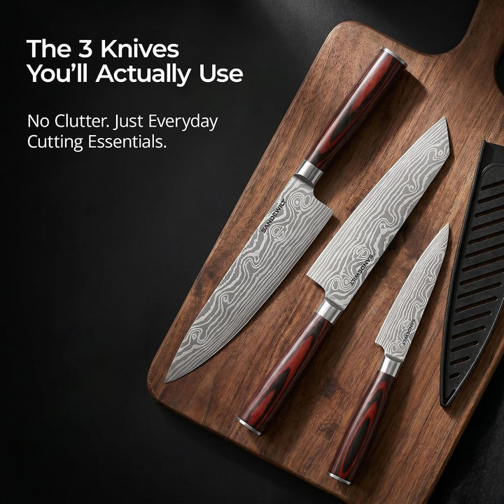 3-Piece Kitchen Knife Set, High Carbon Stainless Steel Sharp Knives with Sheaths - 8" Chef, 7.5" Kiritsuke, 5" Utility Knives for Home Cooks, Cooking, Meat & Vegetables+2
