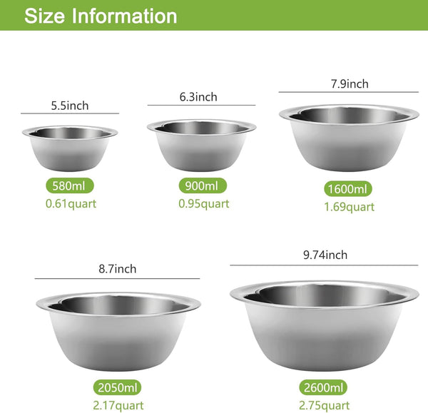 Mixing Bowls Set, Stainless Steel Mixing Bowl Set of 5, Space-Saving Nesting Metal Mixing Bowls for Home Kitchen, RV Kitchen, Baking, Prep, Cooking, Serving, Marinating3