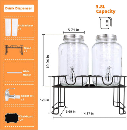 1 Gallon Glass Drink Dispensers for Parties-Set of 2,Leak-Proof Spigot | 4L Drink Dispenser with Fruit Infuser & Stand,Juice or Beverage Dispenser for Bbq,Picnic,Weddings,Lemonade Stand Supplies2