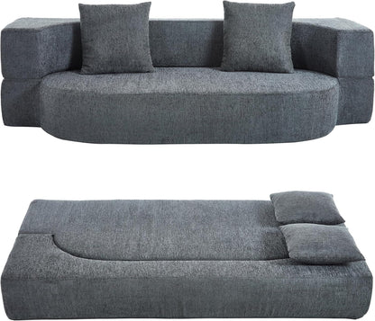 Folding Sofa Bed, Convertible Futon Sleeper Bed, 2-In-1 Foldable Floor Mattress with 2 Pillows, Breathable High-Density Foam Lazy Couch, Twin Size Comfy Lounge Chair, Dark Gray1