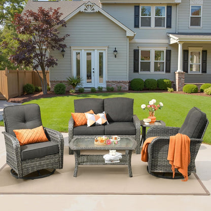 5 Pieces Patio Furniture Set, All Weather Rattan Patio Conversation Sets with Swivel Rocking Chairs, Coffee Table, High Back Outdoor Furniture Loveseat for Porch, Backyard, Black1