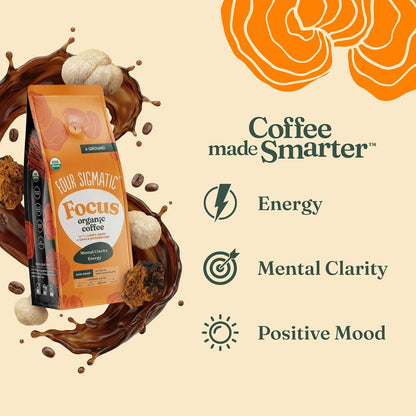 Four Sigmatic Organic Focus Mushroom Ground Coffee | Dark Roast, Organic Coffee with Lion'S Mane & Chaga Mushroom for Mental Clarity & Energy Support | 12Oz Bag6