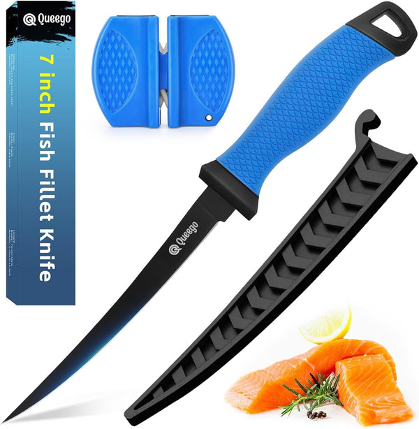 Fillet Knife, 7 Inches Professional Filet Knife for Fish, German G4116 Stainless Steel Blade Fishing Knifes with Two Stage Knife Sharpener,Non-Slip Handles, Protective Nylon Sheath1